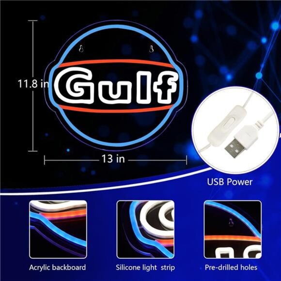 Gulf Neon LED Light Sign Garage Shop Decor Bar Man Cave Wall Oil Lube Mechanix - Picture 2 of 7